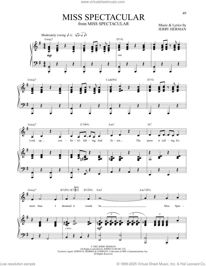Miss Spectacular sheet music for voice and piano by Jerry Herman, intermediate skill level