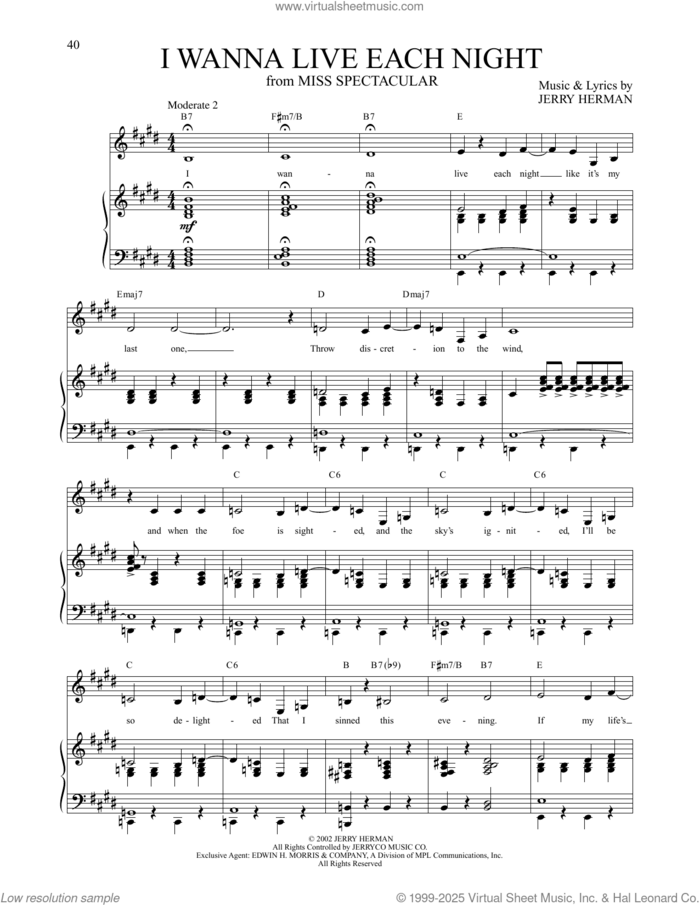 I Wanna Live Each Night (from Miss Spectacular) sheet music for voice and piano by Jerry Herman, intermediate skill level