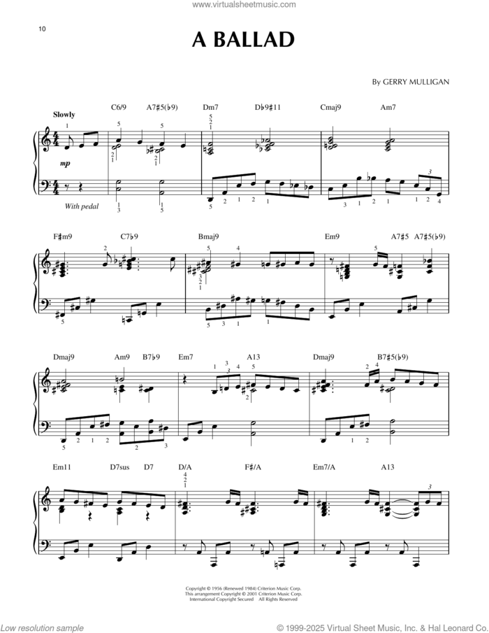 A Ballad (arr. Brent Edstrom and Jim Sodke) sheet music for piano solo by Gerry Mulligan, Brent Edstrom and Jim Sodke, intermediate skill level