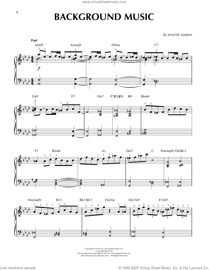 Background Music (arr. Brent Edstrom and Jim Sodke) sheet music for piano solo by Wayne Marsh, Brent Edstrom and Jim Sodke, intermediate skill level