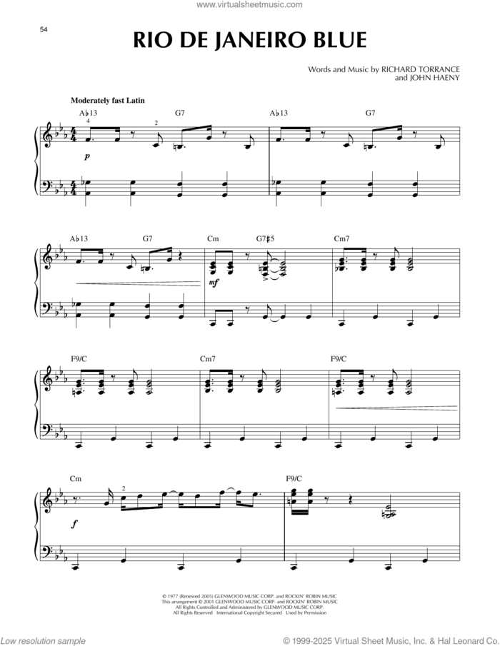 Rio De Janeiro Blue (arr. Larry Moore) sheet music for piano solo by Randy Crawford, Larry Moore, John Haeny and Richard Torrance, intermediate skill level