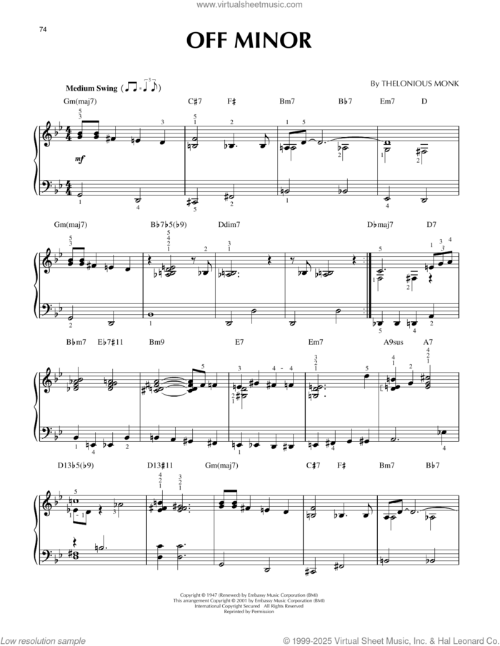 Off Minor (arr. Brent Edstrom and Jim Sodke) sheet music for piano solo by Thelonious Monk, Brent Edstrom and Jim Sodke, intermediate skill level