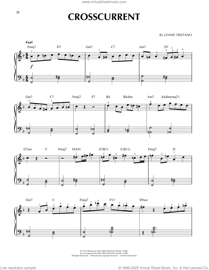 Crosscurrent (arr. Brent Edstrom and Jim Sodke) sheet music for piano solo by Lennie Tristano, Brent Edstrom and Jim Sodke, intermediate skill level