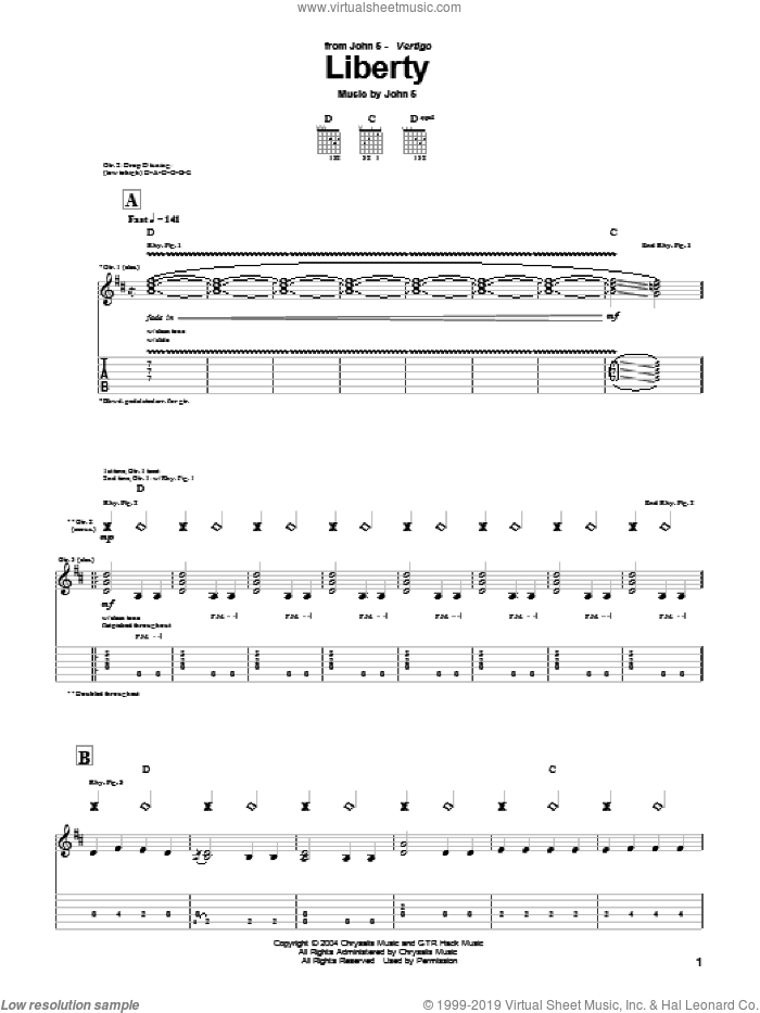 Liberty sheet music for guitar (tablature) by John5, intermediate skill level