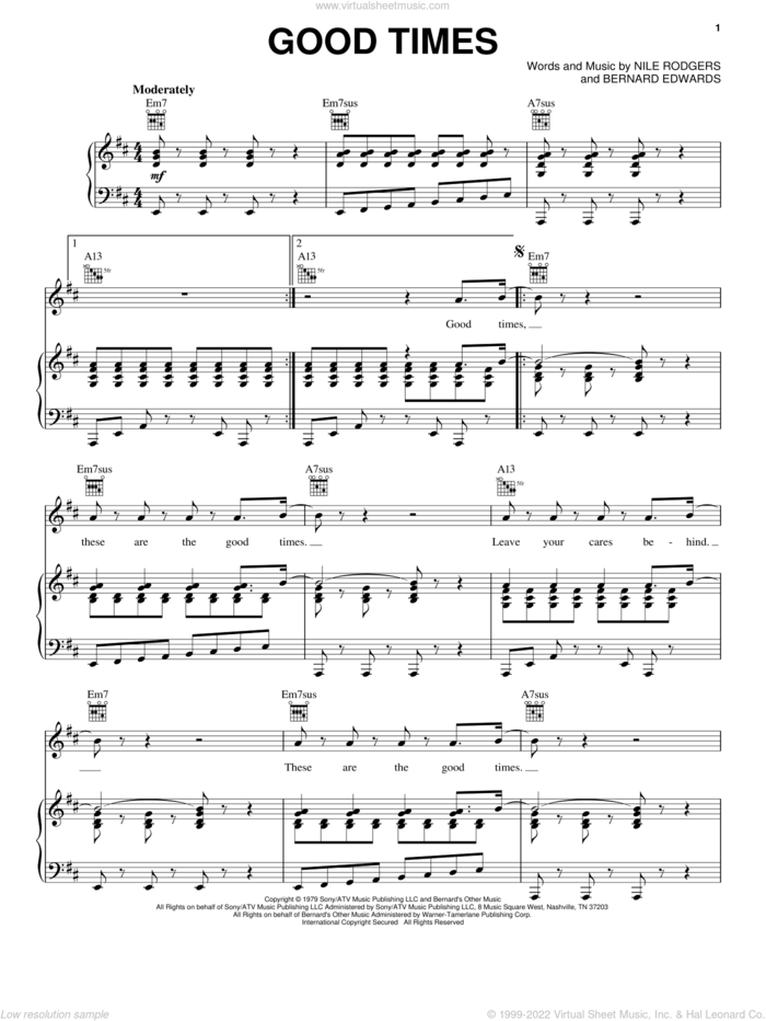 Good Times sheet music for voice, piano or guitar by Chic, Bernard Edwards and Nile Rodgers, intermediate skill level
