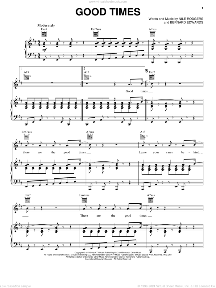 Good Times sheet music for voice, piano or guitar by Chic, Bernard Edwards and Nile Rodgers, intermediate skill level