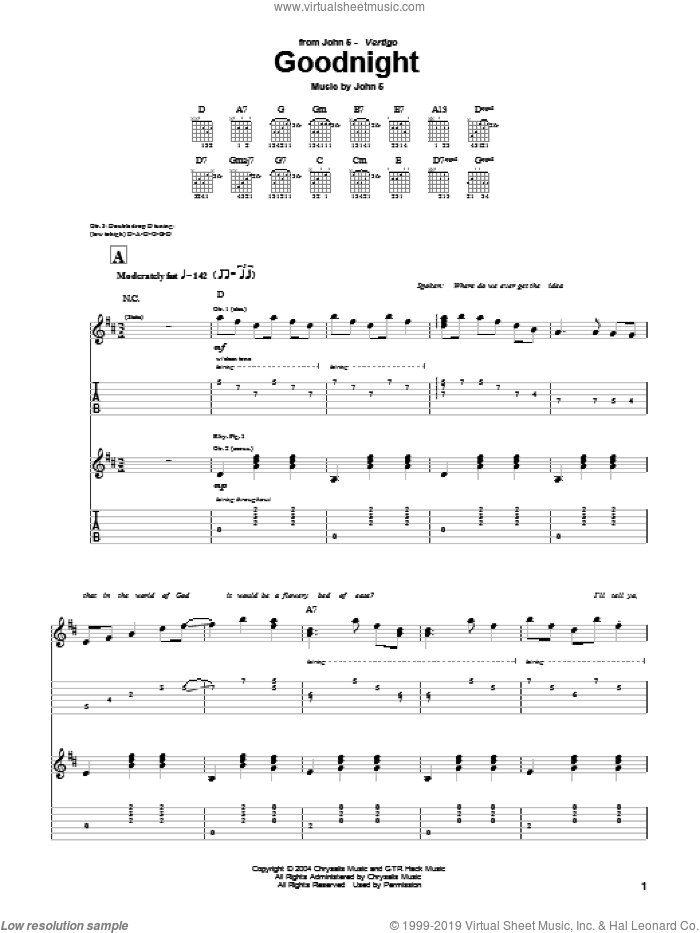 Goodnight sheet music for guitar (tablature) by John5, intermediate skill level