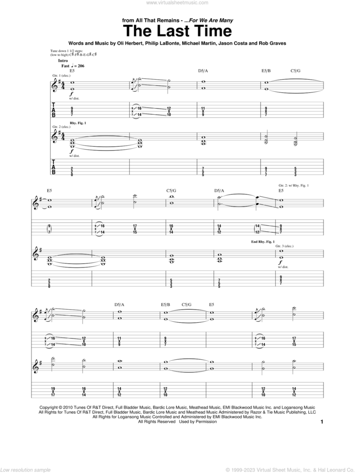 The Last Time sheet music for guitar (tablature) by All That Remains, Jason Costa, Michael Martin, Oli Herbert, Philip LaBonte and Rob Graves, intermediate skill level