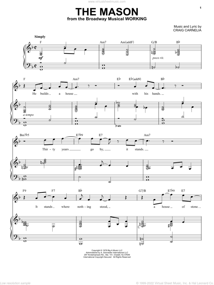 The Mason sheet music for voice and piano by Craig Carnelia, intermediate skill level