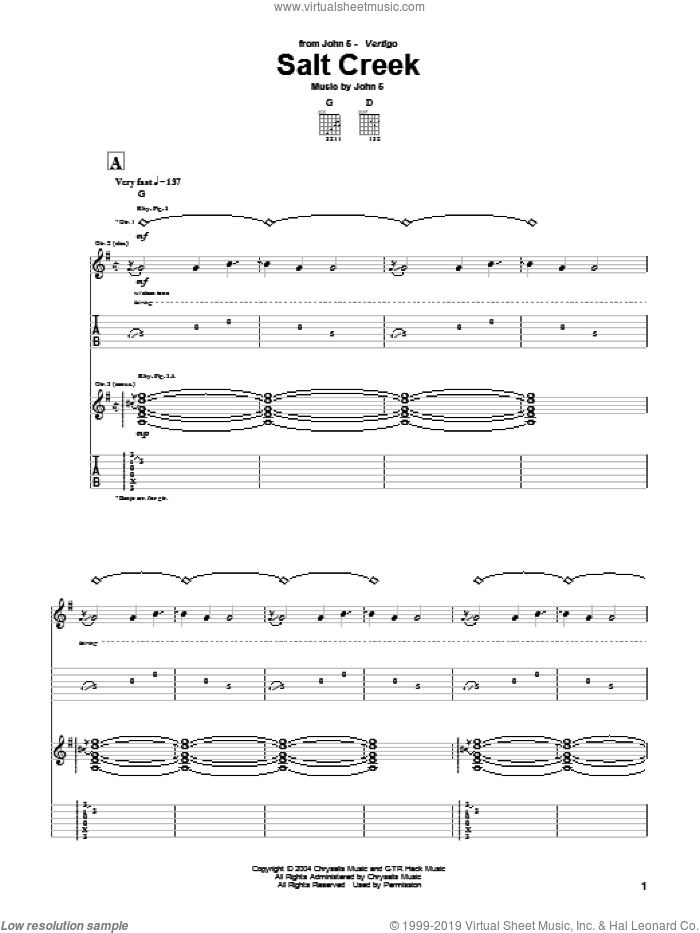 Salt Creek sheet music for guitar (tablature) by John5, intermediate skill level