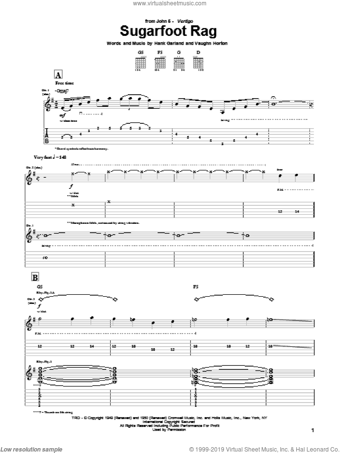 Sugarfoot Rag sheet music for guitar (tablature) by Vaughn Horton, Jerry Reed, John5, Red Foley and Hank Garland, intermediate skill level