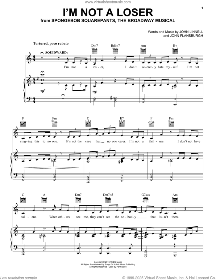 I'm Not A Loser (from Spongebob Squarepants, The Broadway Musical) sheet music for voice, piano or guitar by John Flansburgh, They Might Be Giants and John Linnell, intermediate skill level