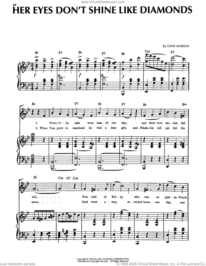 Her Eyes Don't Shine Like Diamonds sheet music for voice, piano or guitar by Dave Marion, intermediate skill level