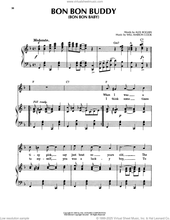 Bon Bon Buddy (Bon Bon Baby) sheet music for voice, piano or guitar by Alex Rogers and Will Marion Cook, intermediate skill level