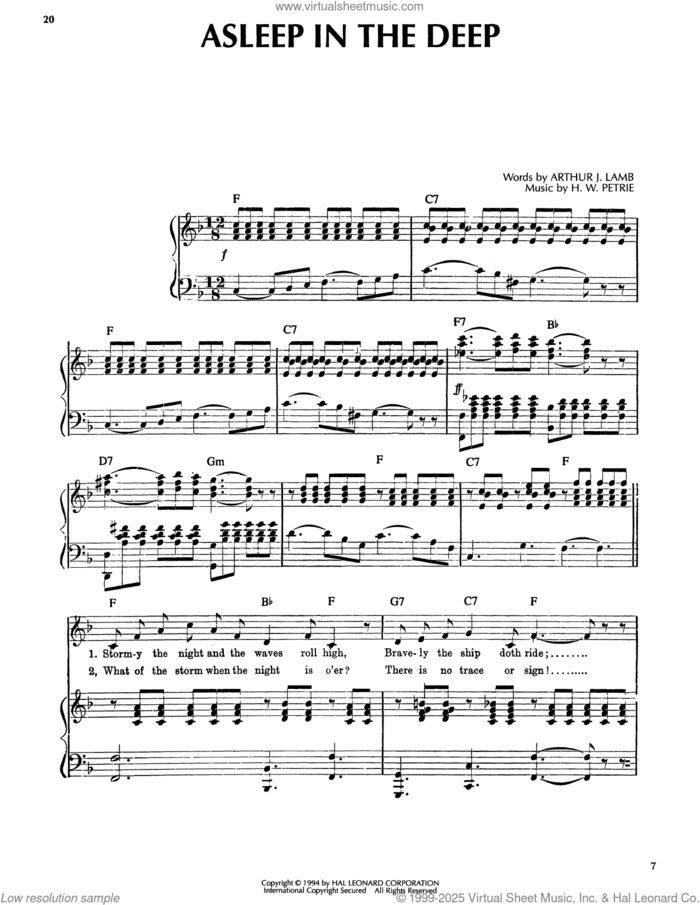 Asleep In The Deep sheet music for voice, piano or guitar by Arthur J. Lamb and H.W. Petrie, classical score, intermediate skill level