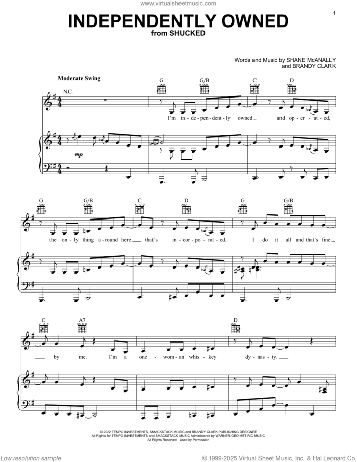 Independently Owned (from Shucked) sheet music for voice, piano or guitar by Shane McAnally and Brandy Clark, Brandy Clark and Shane McAnally, intermediate skill level