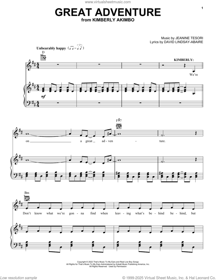 Great Adventure (from Kimberly Akimbo) sheet music for voice, piano or guitar by Jeanine Tesori, David Lindsay-Abaire and David Lindsay-Abaire and Jeanine Tesori, intermediate skill level