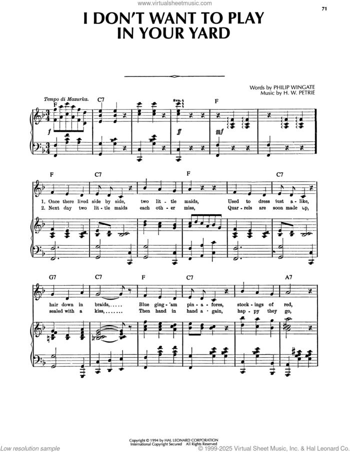 I Don't Want To Play In Your Yard sheet music for voice, piano or guitar by Philip Wingate and H.W. Petrie, intermediate skill level