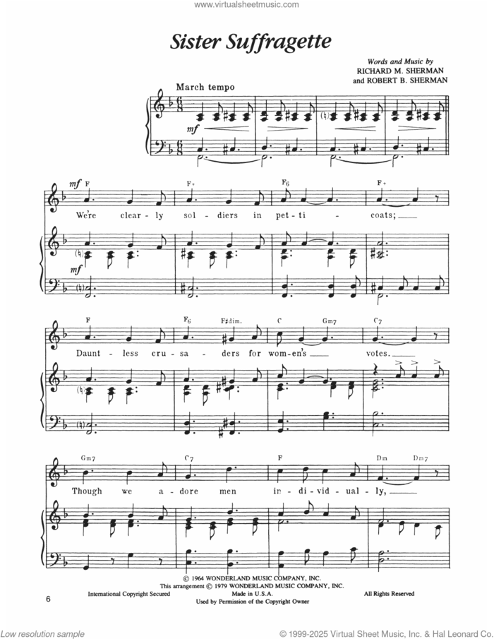 Sister Suffragette (from Mary Poppins) sheet music for voice and piano by Richard M. Sherman, Robert B. Sherman and Sherman Brothers, intermediate skill level