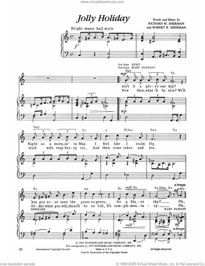 Jolly Holiday (from Mary Poppins) sheet music for voice and piano by Richard M. Sherman, Robert B. Sherman and Sherman Brothers, intermediate skill level