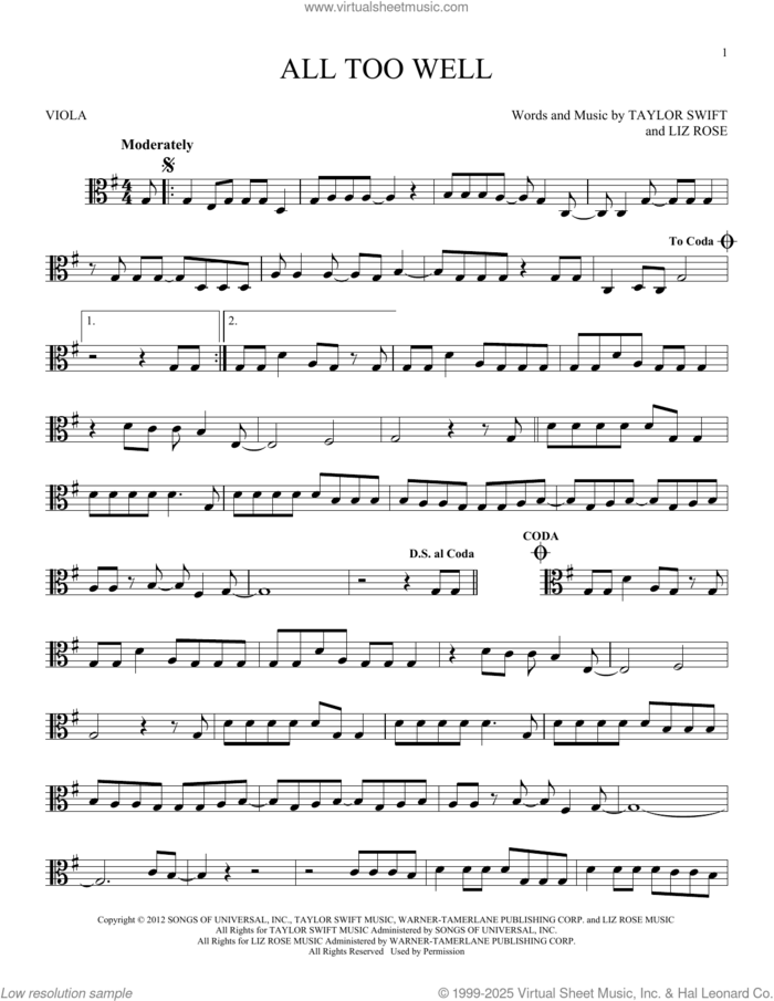 All Too Well sheet music for viola solo by Taylor Swift and Liz Rose, intermediate skill level