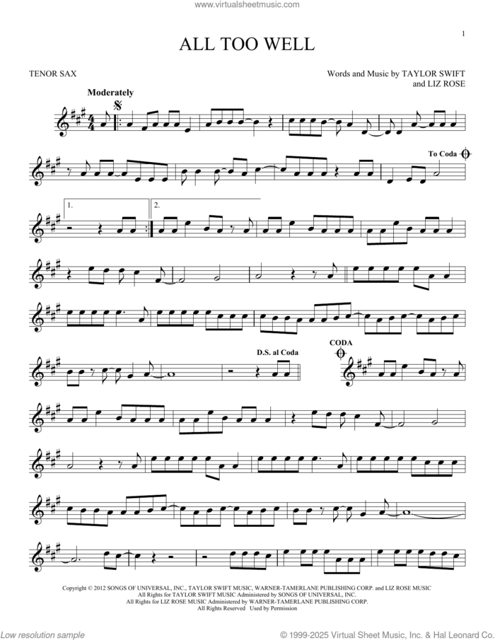 All Too Well sheet music for tenor saxophone solo by Taylor Swift and Liz Rose, intermediate skill level