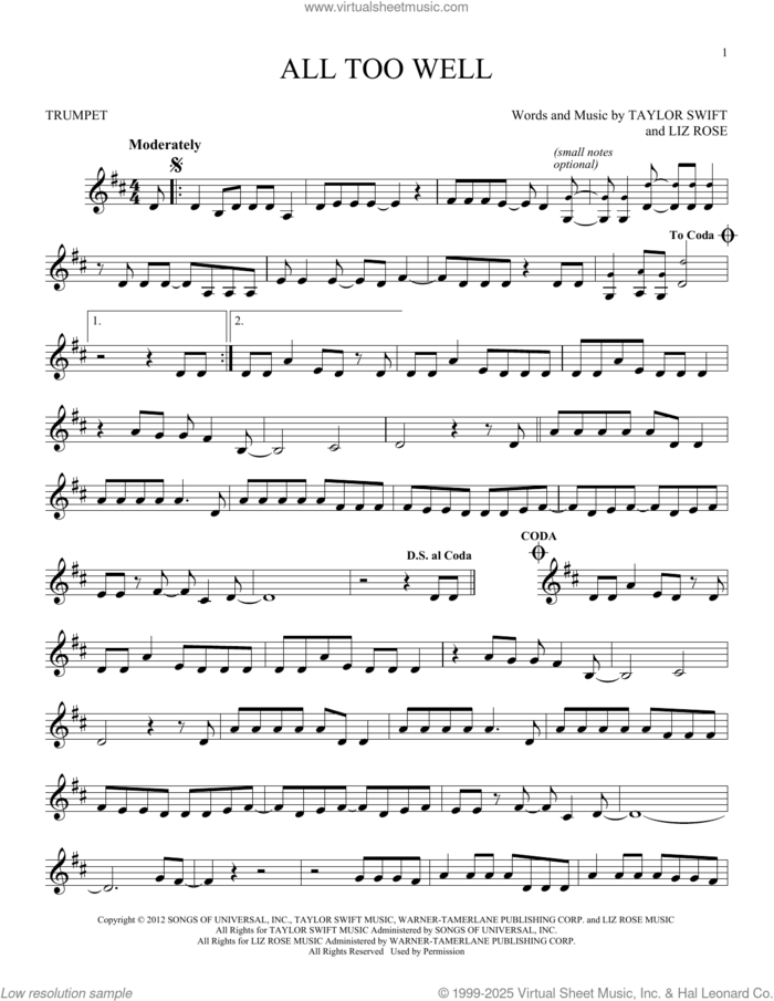 All Too Well sheet music for trumpet solo by Taylor Swift and Liz Rose, intermediate skill level