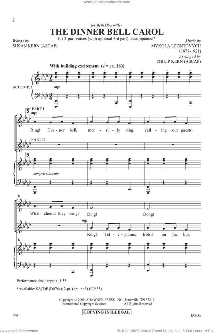 The Dinner Bell Carol sheet music for choir (2-Part) by Mykola Leontovych, Philip Kern and Susan Kern, intermediate duet
