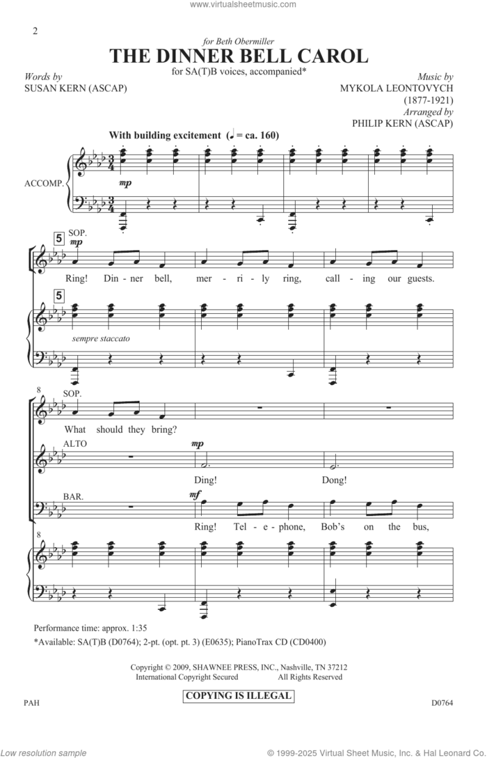 The Dinner Bell Carol sheet music for choir (SATB: soprano, alto, tenor, bass) by Mykola Leontovych, Philip Kern and Susan Kern, intermediate skill level