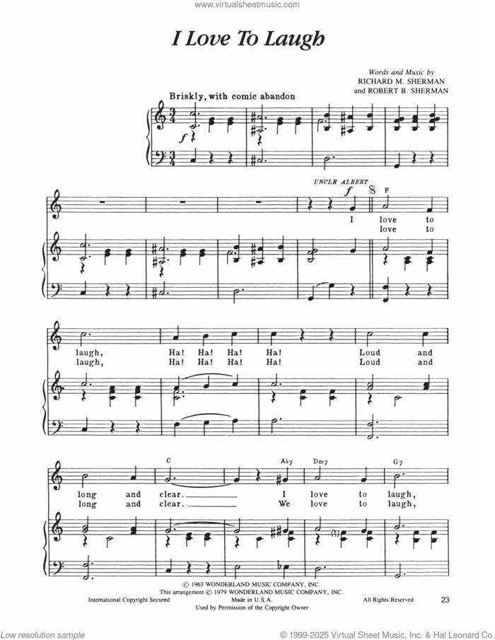 I Love To Laugh (from Mary Poppins) sheet music for voice and piano by Richard M. Sherman, Robert B. Sherman and Sherman Brothers, intermediate skill level