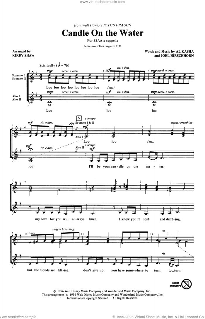 Candle On The Water (arr. Kirby Shaw) sheet music for choir (SSAA: soprano, alto) by Al Kasha, Kirby Shaw, Al Kasha & Joel Hirschhorn and Joel Hirschhorn, intermediate skill level