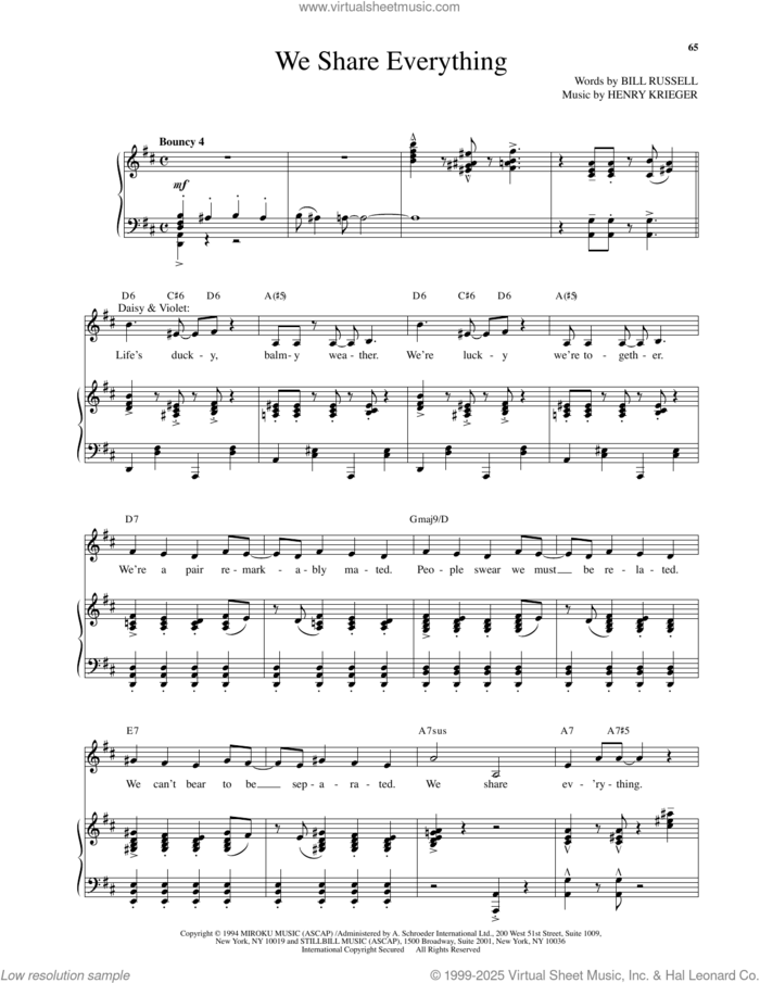 We Share Everything (from Side Show) sheet music for voice and piano by Henry Krieger and Bill Russell, intermediate skill level