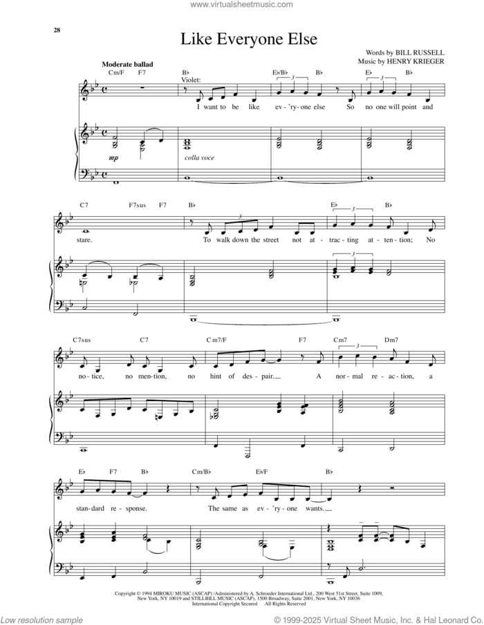 Like Everyone Else (from Side Show) sheet music for voice and piano by Henry Krieger and Bill Russell, intermediate skill level