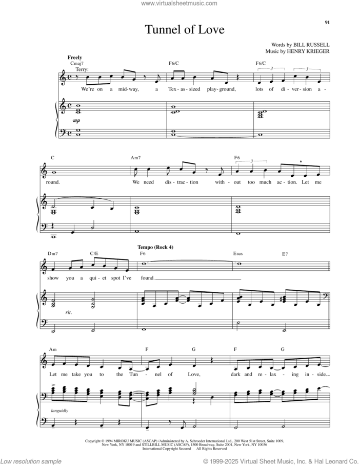 Tunnel Of Love (from Side Show) sheet music for voice and piano by Henry Krieger and Bill Russell, intermediate skill level