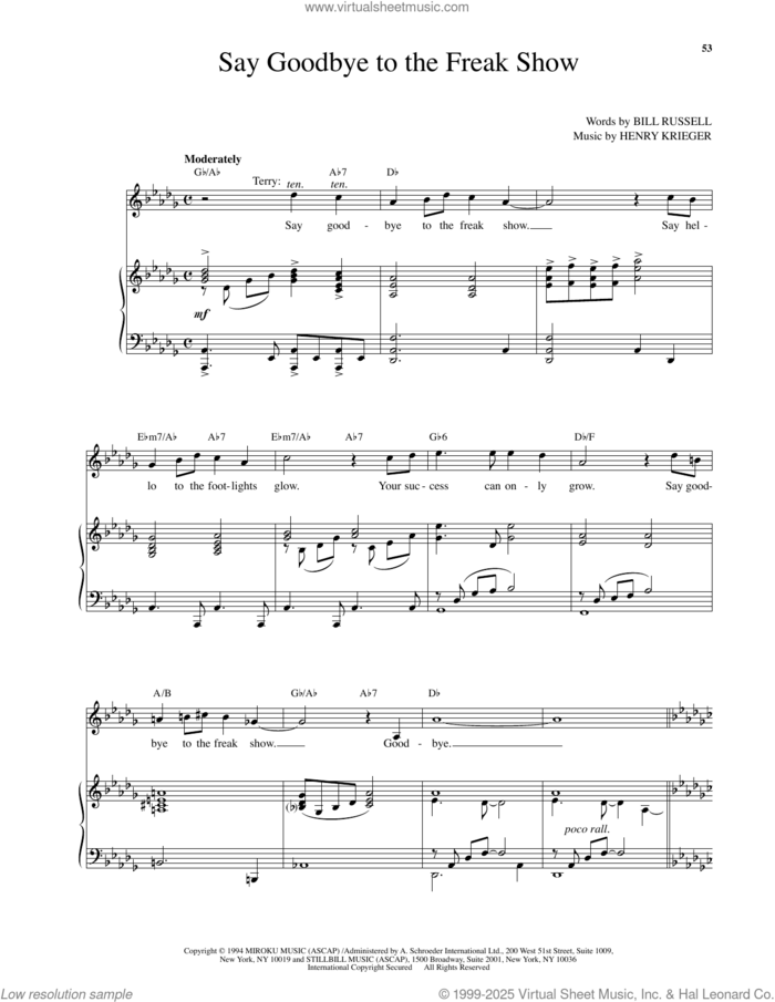 Say Goodbye To The Freak Show (from Side Show) sheet music for voice and piano by Henry Krieger and Bill Russell, intermediate skill level