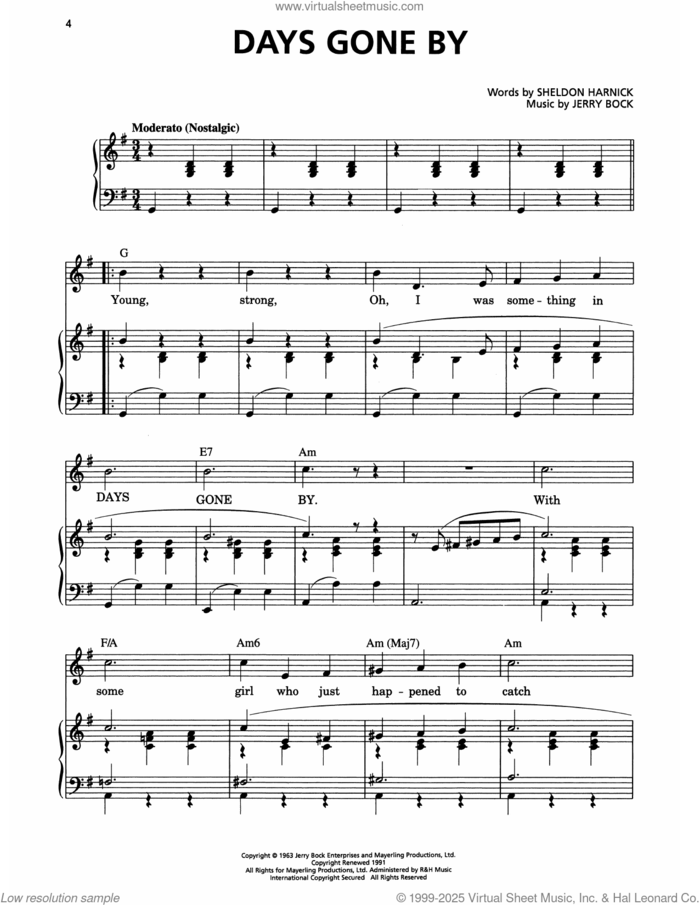 Days Gone By (from She Loves Me) sheet music for voice and piano by Jerry Bock and Sheldon Harnick, intermediate skill level