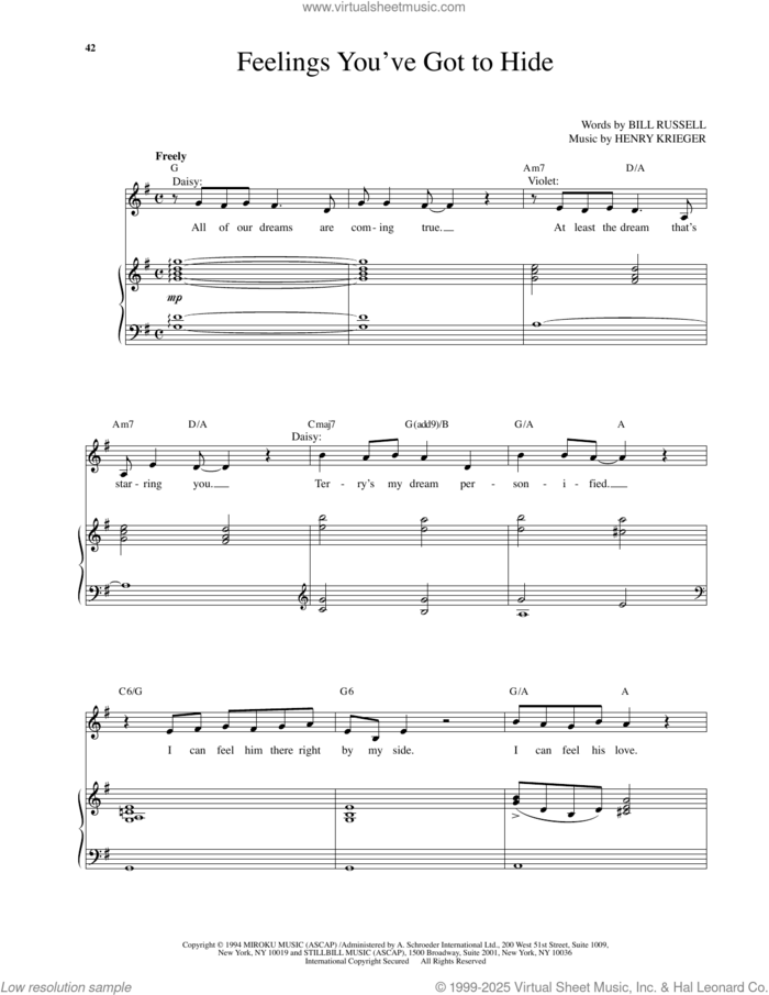 Feelings You've Got To Hide (from Side Show) sheet music for voice and piano by Henry Krieger and Bill Russell, intermediate skill level