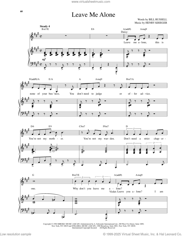 Leave Me Alone (from Side Show) sheet music for voice and piano by Henry Krieger and Bill Russell, intermediate skill level