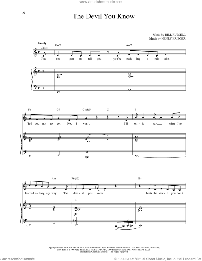 The Devil You Know (from Side Show) sheet music for voice and piano by Henry Krieger and Bill Russell, classical score, intermediate skill level