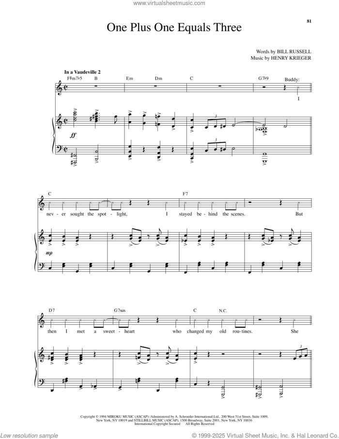 One Plus One Equals Three (from Side Show) sheet music for voice and piano by Henry Krieger and Bill Russell, intermediate skill level