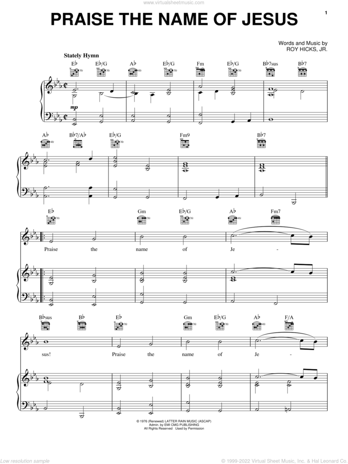 Praise The Name Of Jesus sheet music for voice, piano or guitar by Roy Hicks, Jr., intermediate skill level