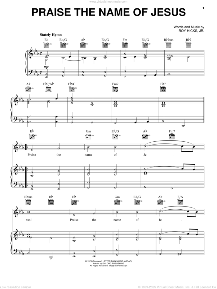 Praise The Name Of Jesus sheet music for voice, piano or guitar by Roy Hicks, Jr., intermediate skill level