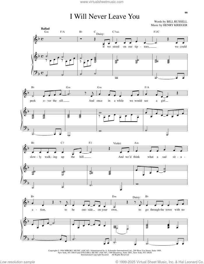 I Will Never Leave You (from Side Show) sheet music for voice and piano by Henry Krieger and Bill Russell, intermediate skill level