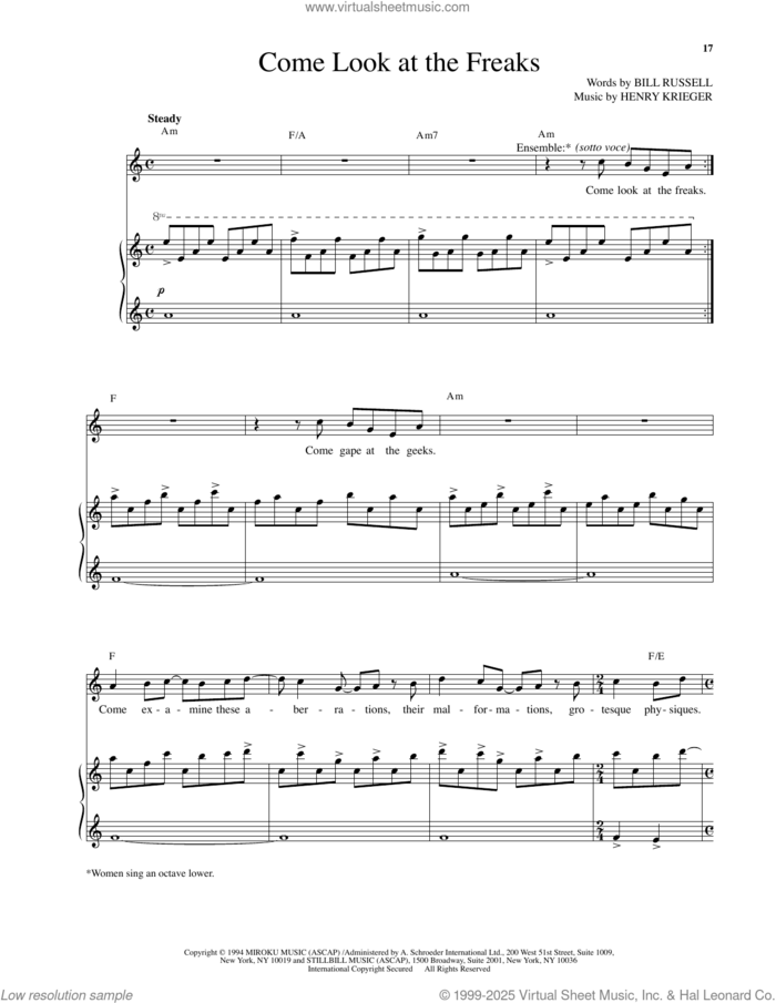 Come Look At The Freaks (from Side Show) sheet music for voice and piano by Henry Krieger and Bill Russell, intermediate skill level