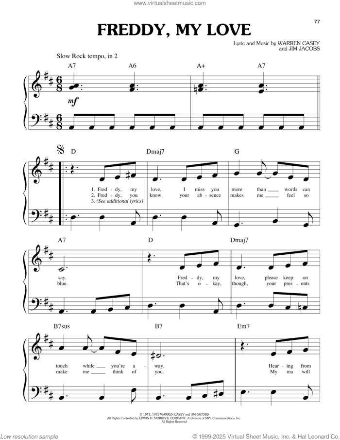 Freddy, My Love (from Grease) sheet music for piano solo (big note book) by Warren Casey & Jim Jacobs, Jim Jacobs and Warren Casey, classical score, easy piano (big note book)