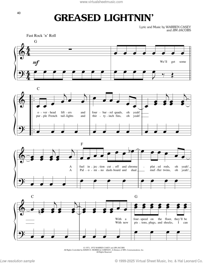Greased Lightnin' (from Grease) sheet music for piano solo (big note book) by Warren Casey & Jim Jacobs, Jim Jacobs and Warren Casey, easy piano (big note book)