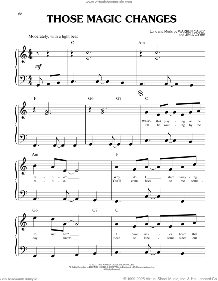 Those Magic Changes (from Grease) sheet music for piano solo (big note book) by Warren Casey & Jim Jacobs, Jim Jacobs and Warren Casey, easy piano (big note book)