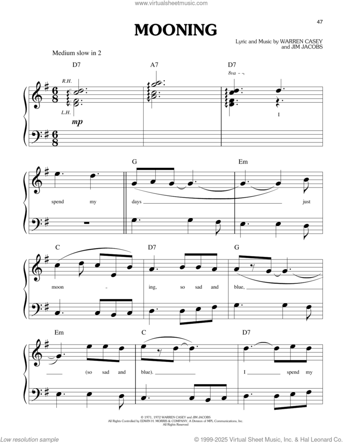 Mooning (from Grease) sheet music for piano solo (big note book) by Warren Casey & Jim Jacobs, Jim Jacobs and Warren Casey, classical score, easy piano (big note book)