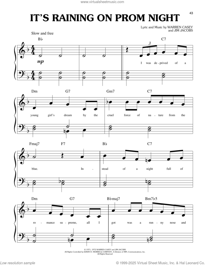 It's Raining On Prom Night (from Grease) sheet music for piano solo (big note book) by Warren Casey & Jim Jacobs, Jim Jacobs and Warren Casey, easy piano (big note book)