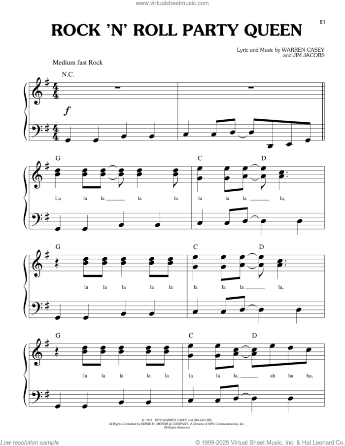 Rock 'N' Roll Party Queen (from Grease) sheet music for piano solo (big note book) by Warren Casey & Jim Jacobs, Jim Jacobs and Warren Casey, easy piano (big note book)